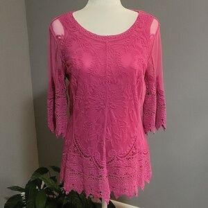 Ultra Pink 3/4 Sleeve Pink Tank with Sheer Embroidered Lace Overlay - Size S